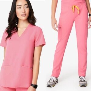 Figs Neon Pink Scrub SET Casma and Yola Skinny Scrub Pants XS